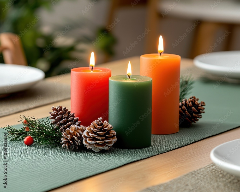 A cozy table setting featuring three lit candles in red, green and orange, surrounded by pinecones and greenery, perfect for a festive atmosphere. A cozy table setting featuring three lit candles in red, green and orange, surrounded by pinecones and greenery, perfect for a festive atmosphere.