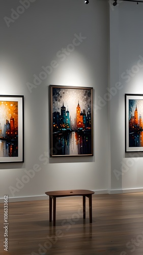 An art gallery with paintings hanging on a white wall, photographed in a high-detail, minimal style