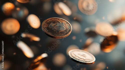 A dynamic perspective of coins floating in the air, some in sharp focus and others blurred photo