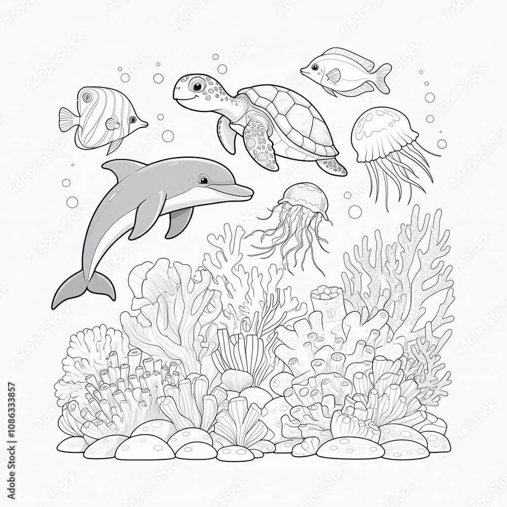 Fototapeta premium A collection of sea creatures like a dolphin, turtle, jelly fish, and fish swimming through outlined coral reefs. coloring page 