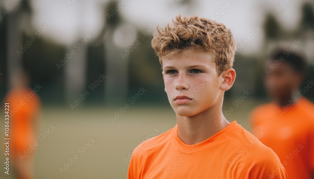 A young soccer player in an orange jersey stands focused, showcasing determination on the field surrounded by palm trees. A young soccer player in an orange jersey stands focused, showcasing determination on the field surrounded by palm trees.