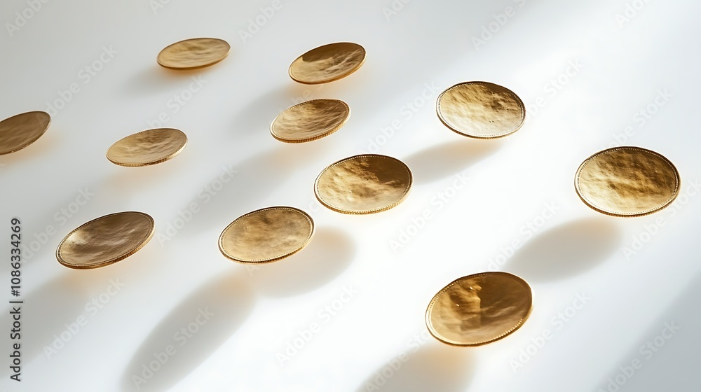 Golden coins levitating in a random pattern on a clean white background Golden coins levitating in a random pattern on a clean white background