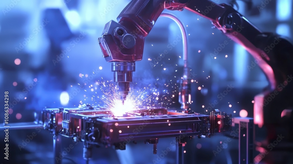 Robotic welding machinery assembling automotive frames, showing the accuracy and consistency of automated systems Robotic welding machinery assembling automotive frames, showing the accuracy and consistency of automated systems