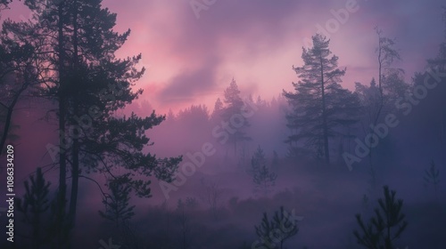 Misty forest at dawn, ethereal and mysterious