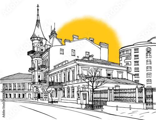 Nice cityscape of the old Kiev, Ukraine. Urban landscape in hand drawn sketch style. Ink line sketch. Vector illustration on white. Postcard style. Urban sketch. Without people.