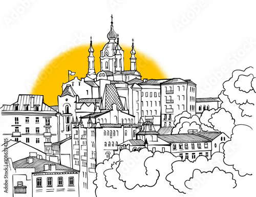 Nice view of Kiev, Ukraine. Kyiv. Urban landscape. Old city. Hand drawn sketch. Sunshine background. Postcard style. Without people..	