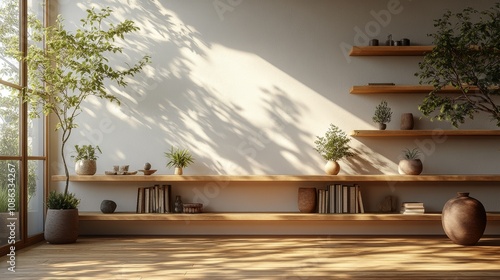 Modern minimalist office space, white walls, bright lighting, light brown and beige bookshelves, small plants, books, and elegant decorations. Clean and professional design