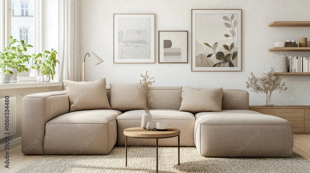 A cozy, contemporary living room featuring a plush sectional sofa, natural decor, and light-filled spaces. A cozy, contemporary living room featuring a plush sectional sofa, natural decor, and light-filled spaces.