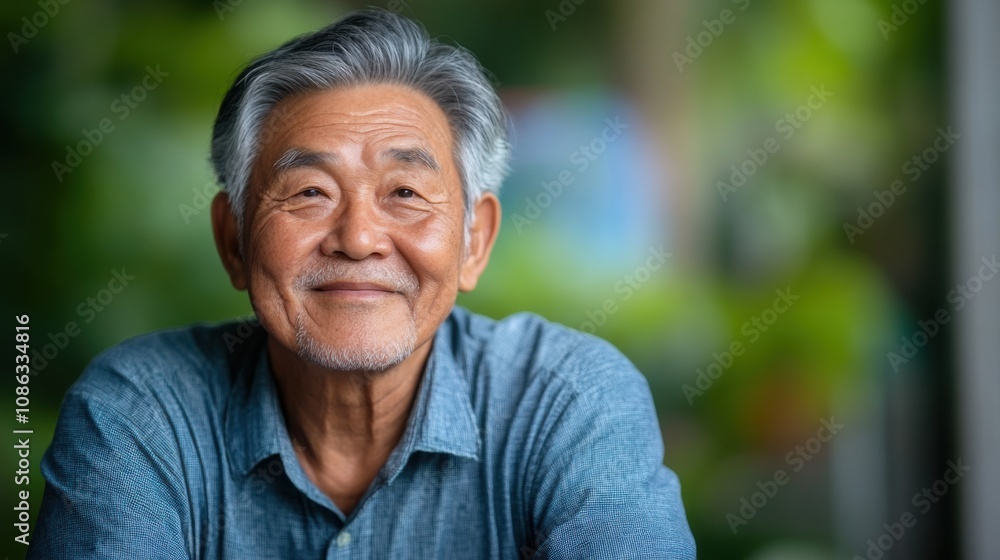 Smiling elderly man with gray hair and a warm expression, seated in a lush green environment, exuding joy and wisdom in his peaceful demeanor. Smiling elderly man with gray hair and a warm expression, seated in a lush green environment, exuding joy and wisdom in his peaceful demeanor.