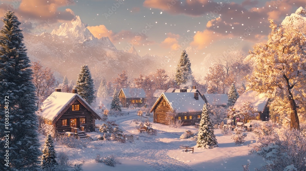 A serene winter village scene with snow-covered cottages and a picturesque mountain backdrop. A serene winter village scene with snow-covered cottages and a picturesque mountain backdrop.