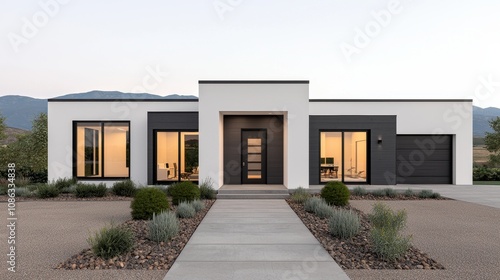 Modern Minimalist Home with Clean Lines and Natural Surroundings, Featuring Expansive Windows and a Simple Pathway Leading to a Welcoming Entrance