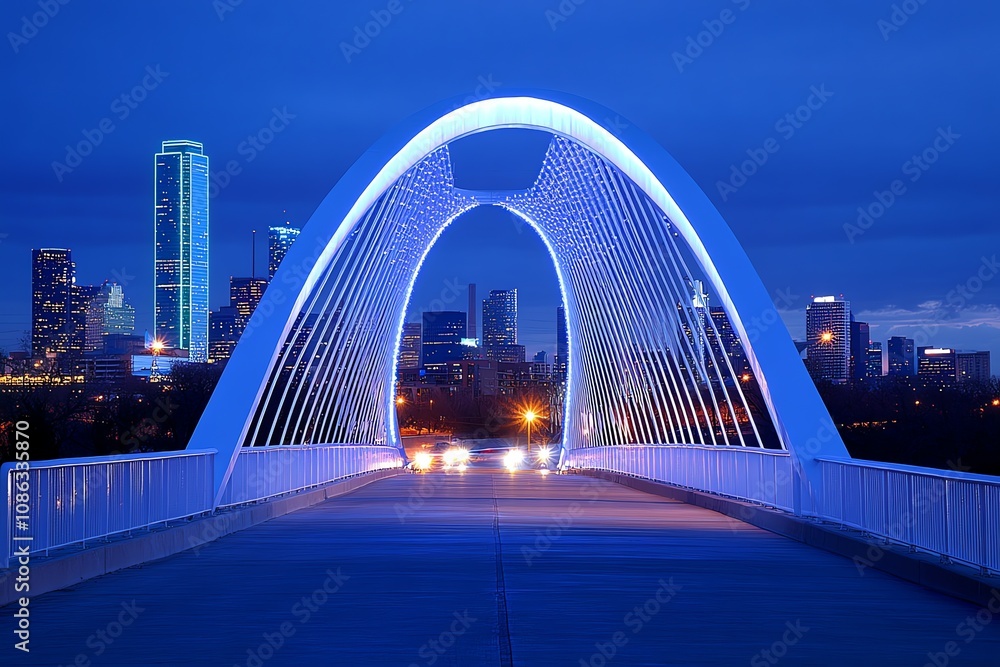 Fototapeta premium A modern arch bridge illuminated at night with the Dallas skyline in the background.