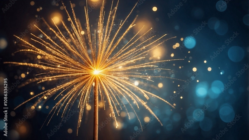 Fototapeta premium Golden fireworks and sparkling bokeh on dark background for festive celebrations
