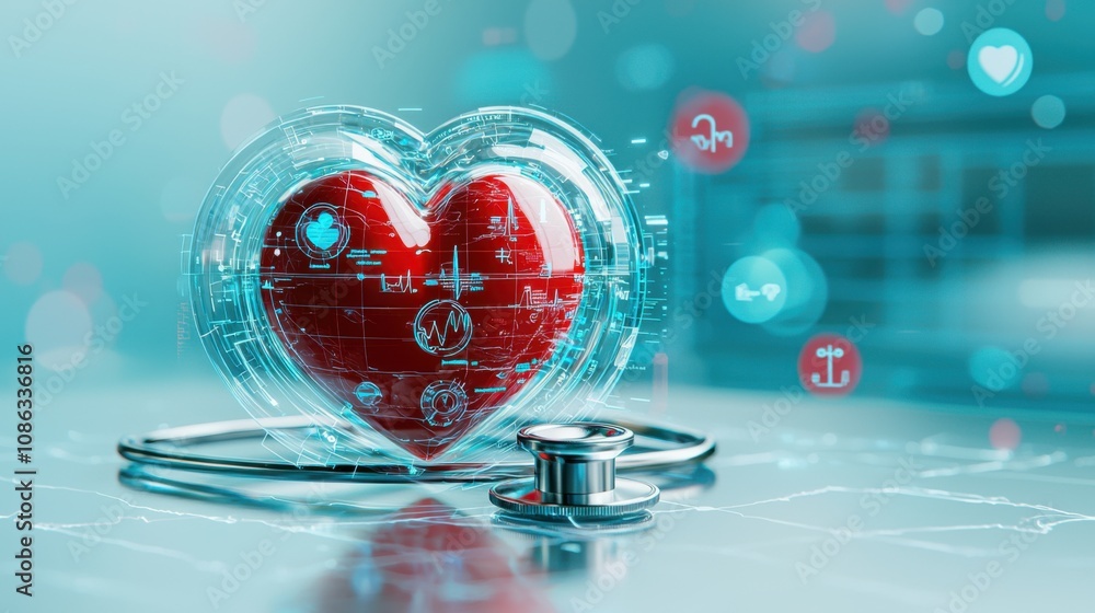 Heart Health and Medical Care Concept with Vibrant Red Heart Symbol and Stethoscope on Blue Medical Background Heart Health and Medical Care Concept with Vibrant Red Heart Symbol and Stethoscope on Blue Medical Background