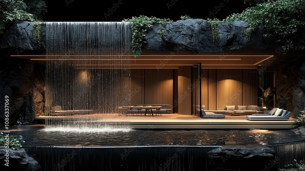 Modern architectural design featuring a serene waterfall, lush greenery, and an elegant interior space blending nature with contemporary living aesthetics. Modern architectural design featuring a serene waterfall, lush greenery, and an elegant interior space blending nature with contemporary living aesthetics.