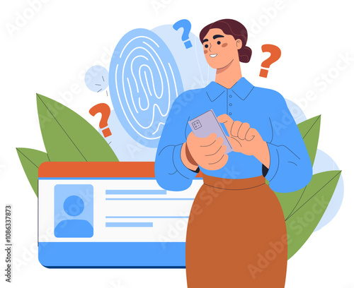 Woman with fingerprint. Young girl with biometric scanner. Privacy and security system. Authorization and authentication. Flat vector illustration isolated on white background