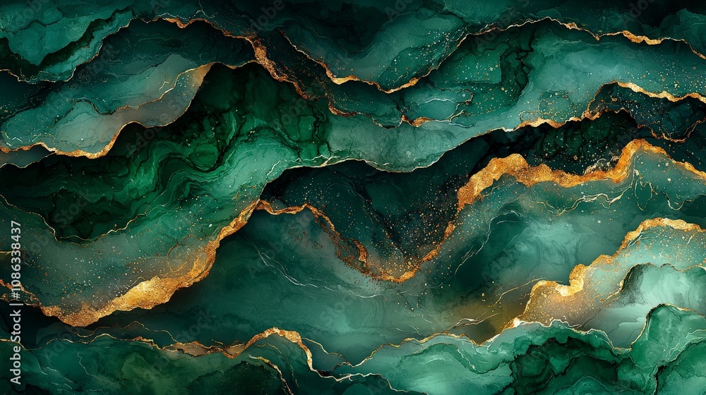 An abstract design featuring flowing green and gold patterns resembling waves. An abstract design featuring flowing green and gold patterns resembling waves.