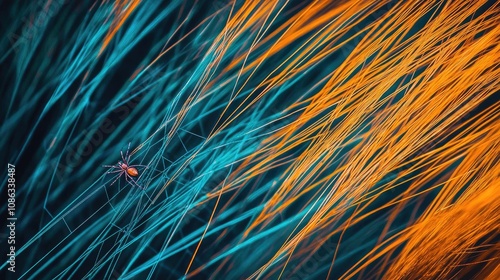 Close-Up of a Spider Resting Among Colorful Grasses with Vibrant Orange and Teal Strands Creating a Striking Contrast in Nature's Texture and Color Palette
