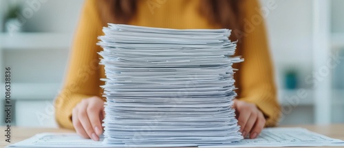 A person is reviewing a tall stack of paperwork, indicating a busy work environment and the need for organization. photo