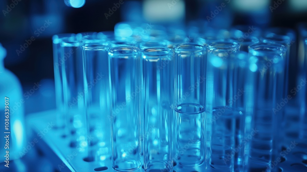 A close-up of glass test tubes illuminated by blue light, arranged neatly on a lab rack, suggesting a scientific or experimental setting. A close-up of glass test tubes illuminated by blue light, arranged neatly on a lab rack, suggesting a scientific or experimental setting.
