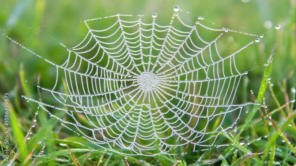 Captivating Close-Up of Dew-Covered Spider Web Nestled Amidst Fresh Green Grass at Dawn with Glimmering Water Drops Reflecting Light Captivating Close-Up of Dew-Covered Spider Web Nestled Amidst Fresh Green Grass at Dawn with Glimmering Water Drops Reflecting Light