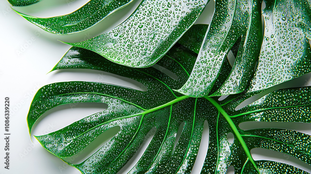 Fototapeta premium Fresh green leaves with water droplets on white background