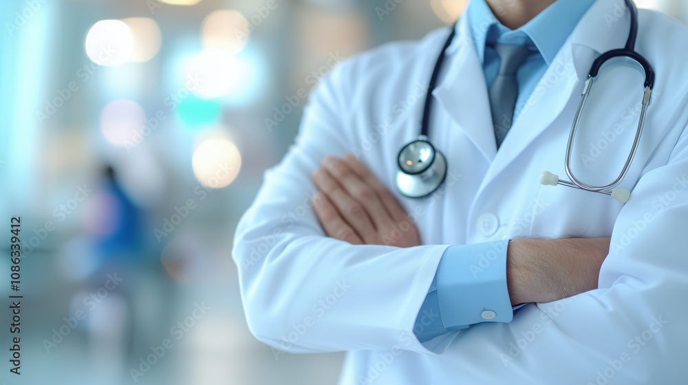 A medical professional in a white coat stands with arms crossed, conveying confidence and readiness in a clinical environment. A medical professional in a white coat stands with arms crossed, conveying confidence and readiness in a clinical environment.
