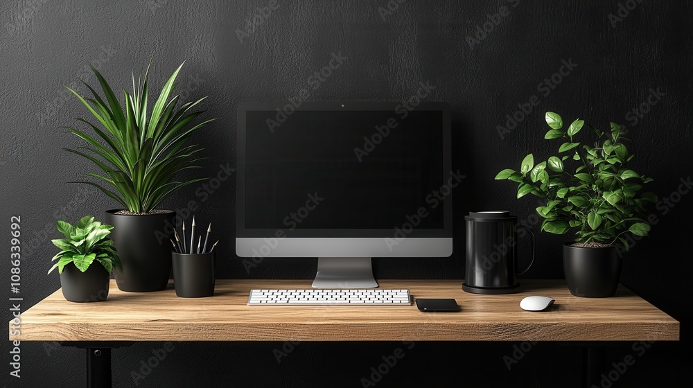 Modern Minimalist Home Office Setup with Computer, Green Plants, and Stylish Accessories on a Wooden Desk Against a Dark Textured Wall Background Modern Minimalist Home Office Setup with Computer, Green Plants, and Stylish Accessories on a Wooden Desk Against a Dark Textured Wall Background