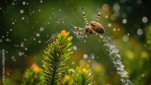 Majestic Spider Weaving Intricate Web Among Lush Greenery with Dew Drops, Capturing Nature's Beauty and the Artistry of Its Craft in a Serene Environment