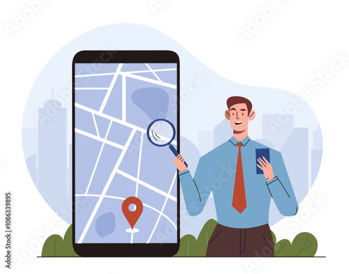 Man with mobile map. Young guy with magnifying glass near mobile phone. Navigation and geolocation, GPS system. GPS pin at map. Flat vector illustration isolated on white background