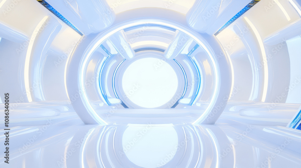 Obraz premium 3D futuristic circular stage room sci-fi technology blue white cosmic background. spaceship interior vibe cyberspace wallpaper