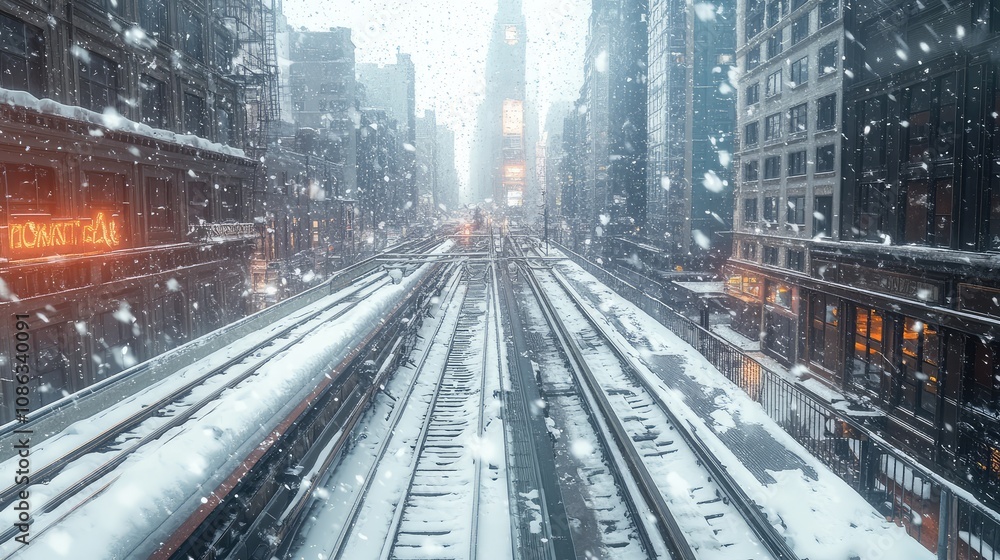 Elevated train track in a snowy city, with buildings in the background and snow covering the tracks Elevated train track in a snowy city, with buildings in the background and snow covering the tracks
