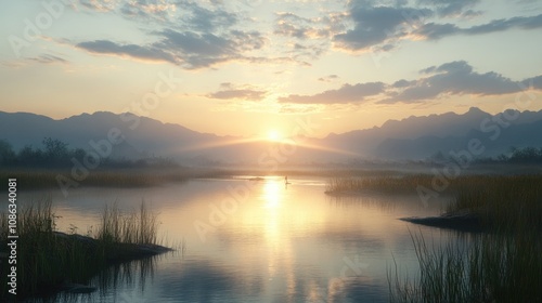 Wallpaper Mural Serene Sunrise Over Calm Waters with Lush Grass and Majestic Mountains in the Background Creating a Peaceful Natural Landscape Scene Torontodigital.ca