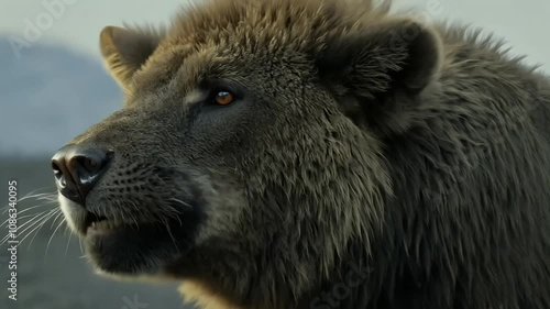 A close-up of a majestic brown dire wolf, fierce gaze, wild nature.