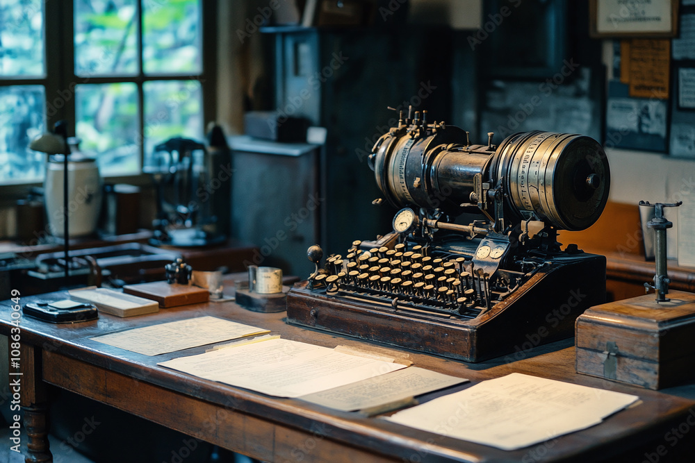 Fototapeta premium Historical communication office with telegraph machine.