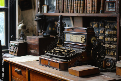 Historical communication office with telegraph machine.