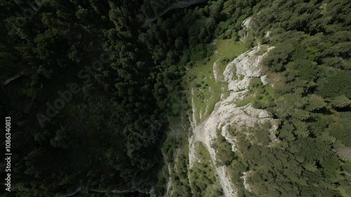 Straight down Drone Flyover green valley and rocky mountains in Slovakia photo