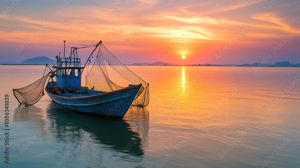 small fishing boat gliding on the calm ocean, nets cast widely, solitary fisherman, sunset, realistic small fishing boat gliding on the calm ocean, nets cast widely, solitary fisherman, sunset, realistic