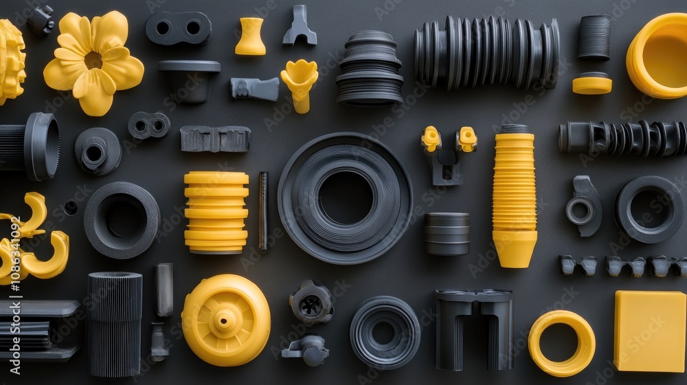 A Vibrant Collection of Plastic Components and Accessories Displayed on a Dark Background, Featuring Unique Shapes and Vivid Yellow and Black Colors A Vibrant Collection of Plastic Components and Accessories Displayed on a Dark Background, Featuring Unique Shapes and Vivid Yellow and Black Colors