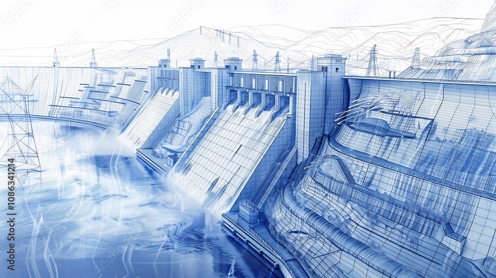 Fototapeta premium Detailed engineering design of a contemporary dam showcasing sustainable innovations and cutting-edge technology