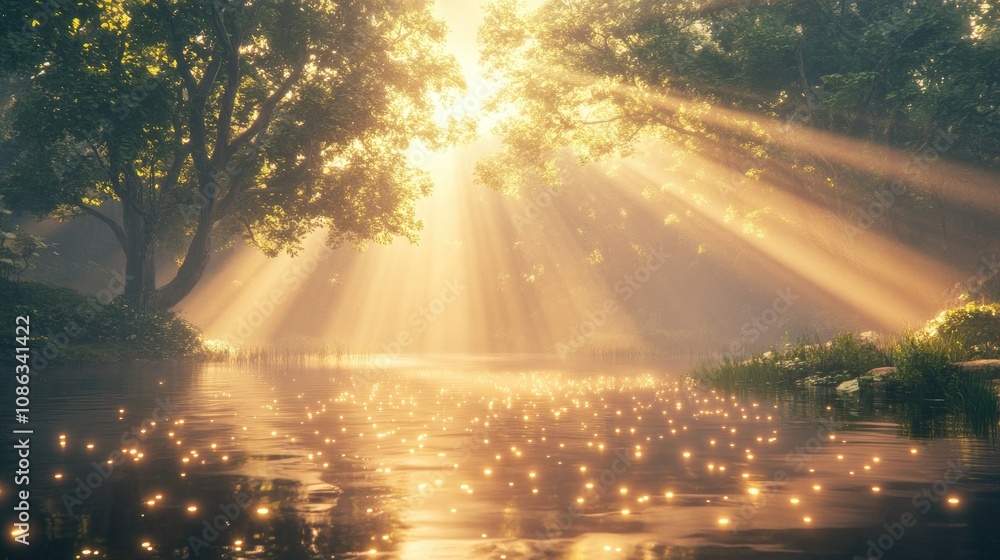 Serene Forest Scene with Sunlight Streaming Through Leaves, Illuminating a Tranquil River Surface Covered in Soft Glows and Sparkling Reflections Serene Forest Scene with Sunlight Streaming Through Leaves, Illuminating a Tranquil River Surface Covered in Soft Glows and Sparkling Reflections