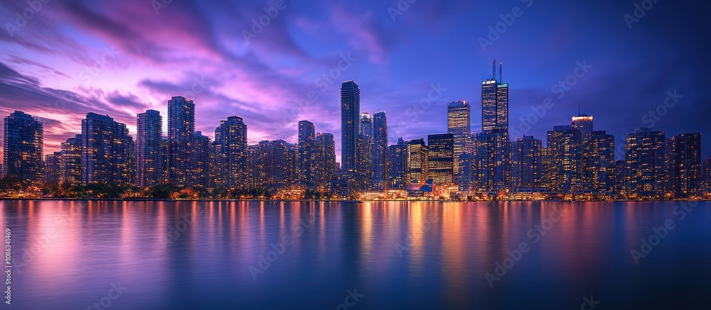 Fototapeta premium A city skyline with tall skyscrapers reflecting on the water.