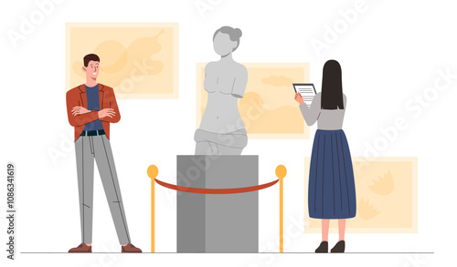 Visitors at exhibition. Man and woman near marble statue. People in gallery and museum. Tourists with artwork. Contemporary art object. Flat vector illustration isolated on white background