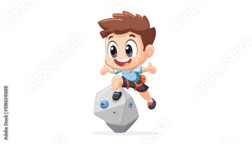 Cheerful Cartoon Boy Climbing on a Rock in Vector Style with Isolated White Background, Perfect for Children's Activities and Adventure Themes