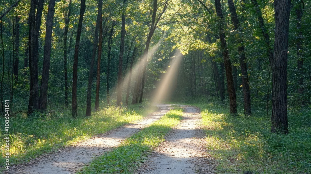Obraz premium Serene Sunlight Streaming Through Trees in a Lush Green Forest Pathway Surrounded by Vibrant Nature and Gentle Breezes for Peaceful Outdoors Experience