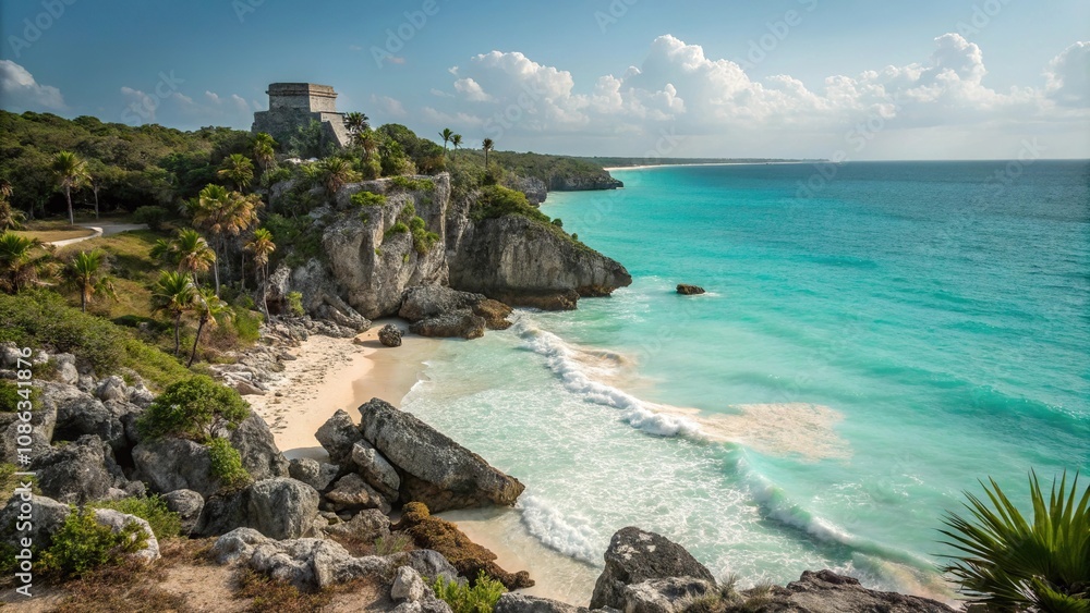 A scenic view of the Pacific coast in Tulum with rocky cliffs and crystal-clear waters, pacific coastline, rock formations by the sea, scenic views A scenic view of the Pacific coast in Tulum with rocky cliffs and crystal-clear waters, pacific coastline, rock formations by the sea, scenic views