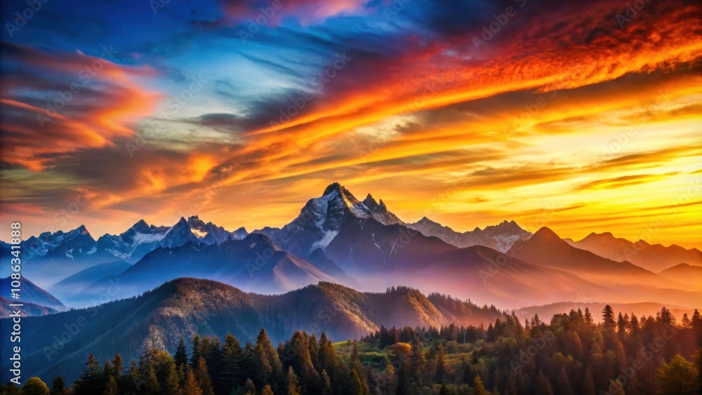 Majestic mountain range casting long shadows against a vibrant sunset sky, mountains, sunset, majestic, landscape, nature Majestic mountain range casting long shadows against a vibrant sunset sky, mountains, sunset, majestic, landscape, nature