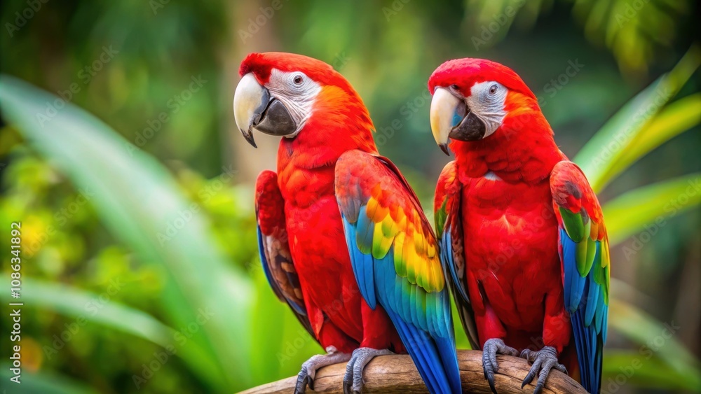 Two vibrant red macaw parrots perched together, tropical, colorful, birds, wildlife, feathers, avian, nature, vibrant, red, exotic Two vibrant red macaw parrots perched together, tropical, colorful, birds, wildlife, feathers, avian, nature, vibrant, red, exotic