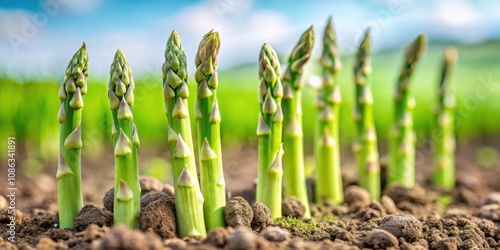 Close up of green asparagus growing in a field, asparagus, harvest, fresh, food, agriculture, organic, farm, vegetable, growth