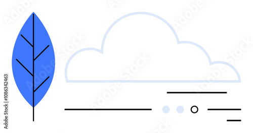 Blue leaf and faint blue cloud with minimalistic black line elements. Ideal for eco-awareness, environment topics, weather apps, minimalist design branding, nature themes, app icons, educational